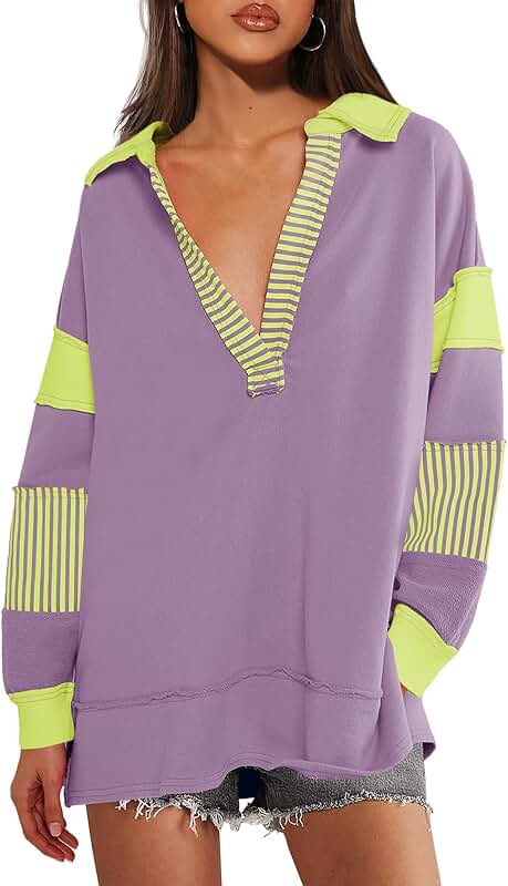 Women's Oversized Long Sleeve Striped Color Block Shirt