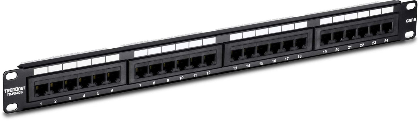 24-Port Cat6 Unshielded Patch Panel, Wallmount or Rackmount, Compatible with Cat3,4,5,5e,6 Cabling, For Ethernet, Fast Ethernet, Gigabit Applications, Black, TC-P24C6