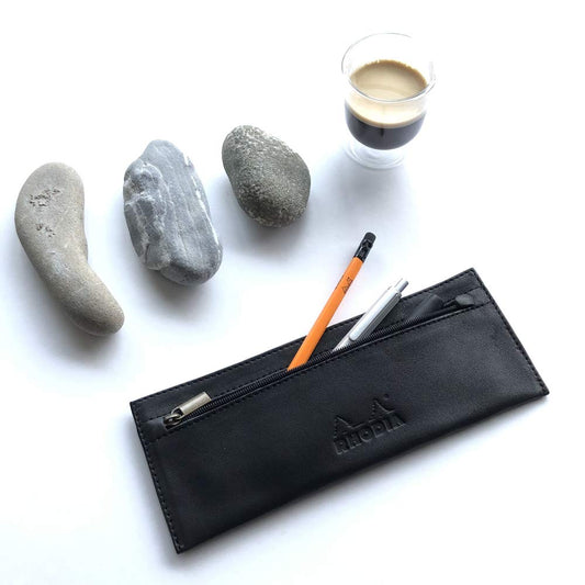 Flat Black Leather Pencil Case for Pens and Supplies