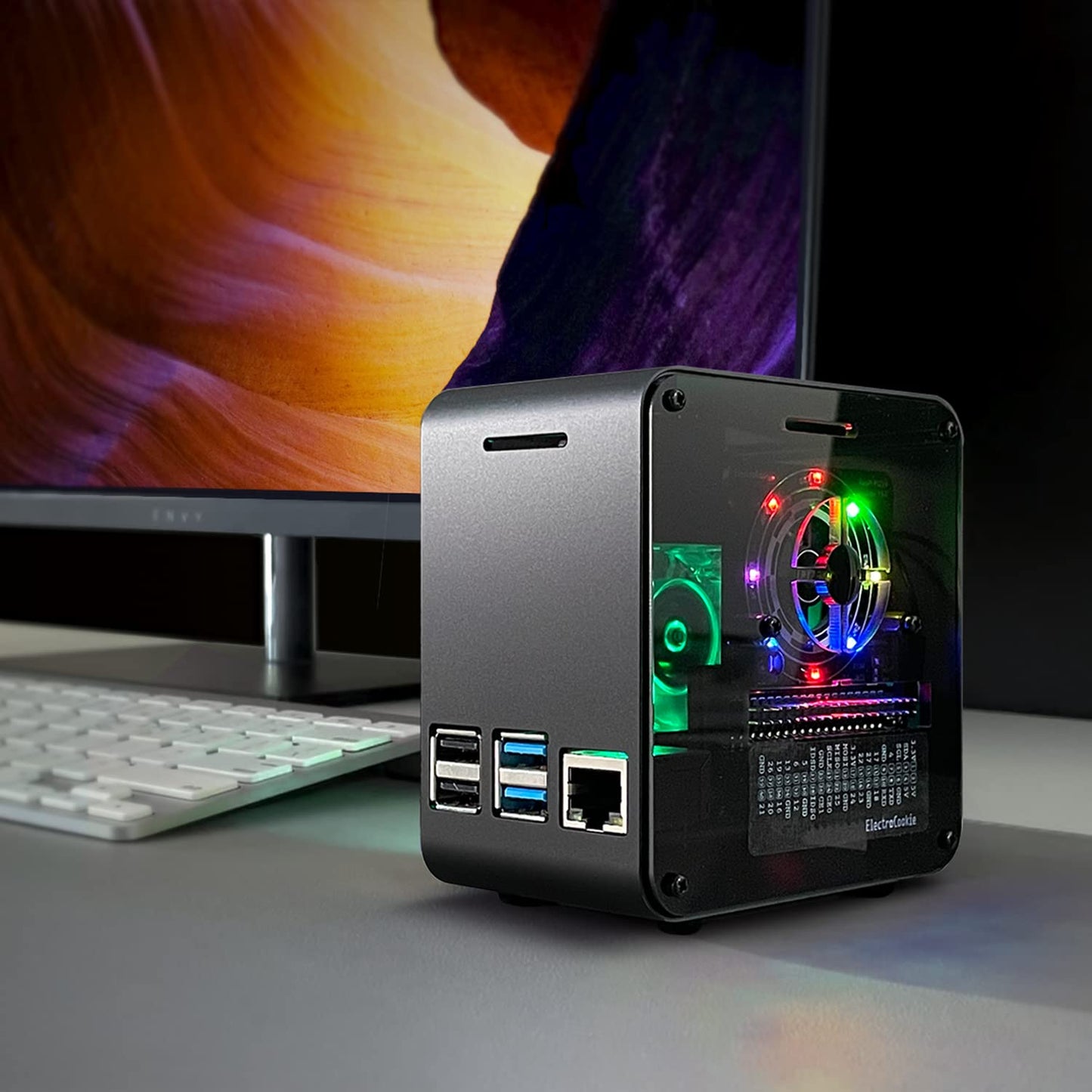 Raspberry Pi 4 Case, Aluminum Mini Tower Case with Cooling Fan and Color Changing Ambient Light (Matte Black & Dark Gray)