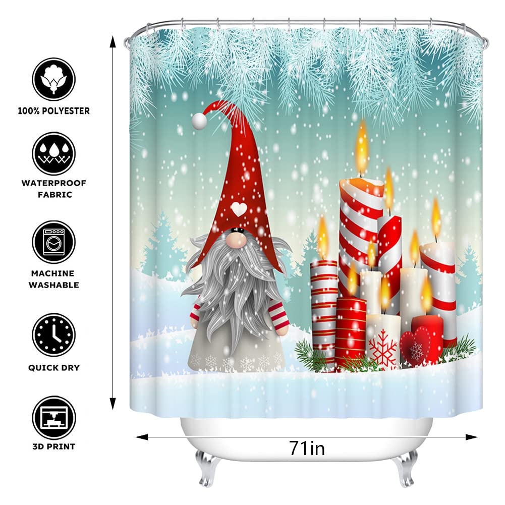 4Pcs Shower Curtain Sets with Non- Rug, Tet Lid Cover and Bath Mat, Cute Gnome Snowman Candle Winter Snowflake Shower Curtain with 12 Hooks for Bathroom Decoration