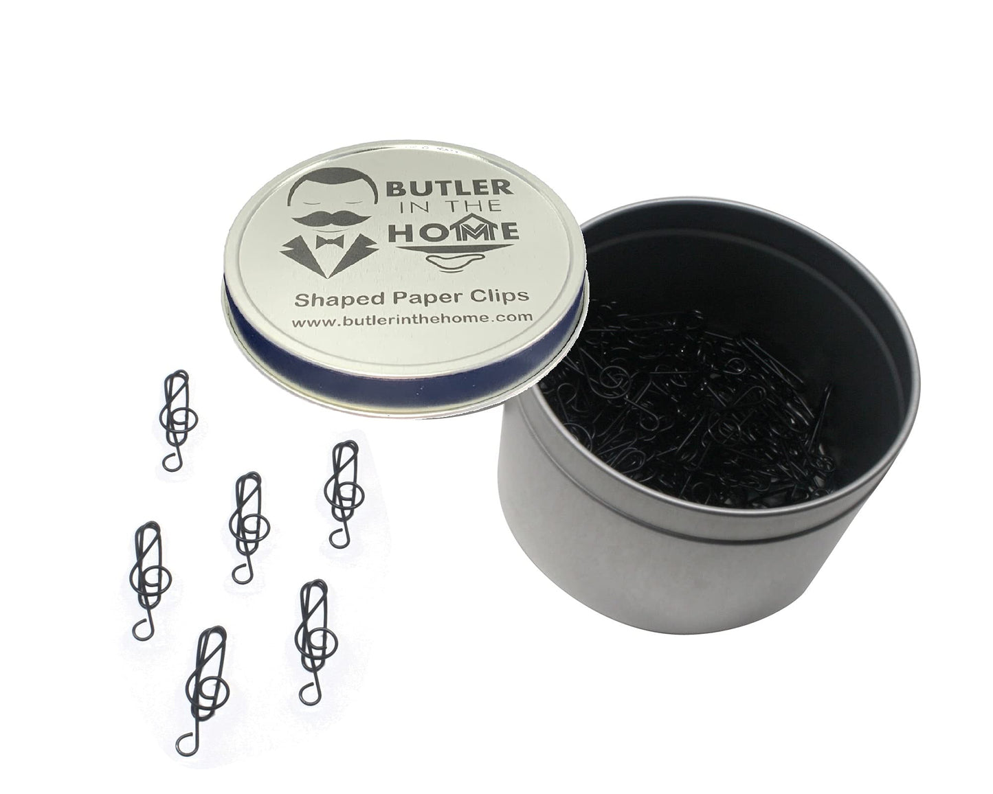 Music note shaped paper clips in round tin box