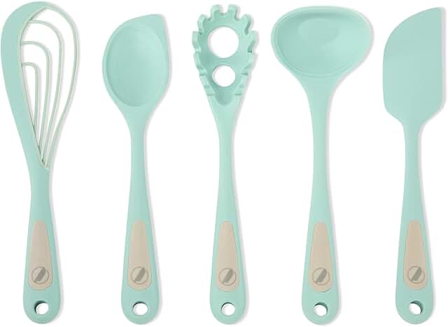 5-Piece Silicone Cooking Set with Flip, Mix, Whisk, Scoop, Strain, Scrape & Measure