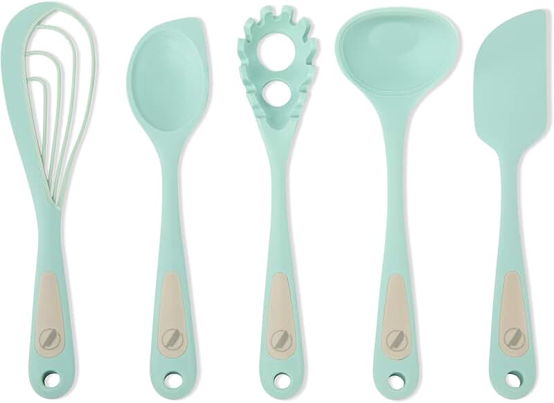 5-Piece Silicone Cooking Set with Flip, Mix, Whisk, Scoop, Strain, Scrape & Measure