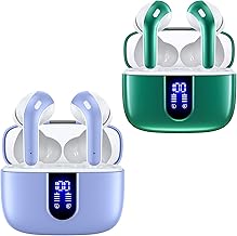 Purple and green true wireless earbuds with charging case