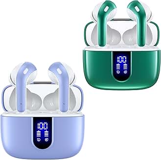 Purple and green true wireless earbuds with charging case
