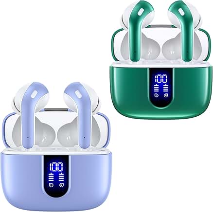 Purple and green true wireless earbuds with charging case