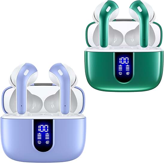 Purple and green true wireless earbuds with charging case