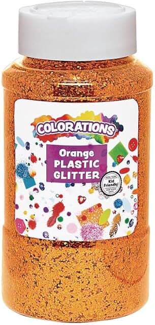 Orange glitter in a 1 lb shaker jar for arts and crafts