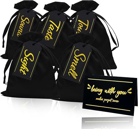 Set of 6 Black Satin Gift Bags with Senses Tags