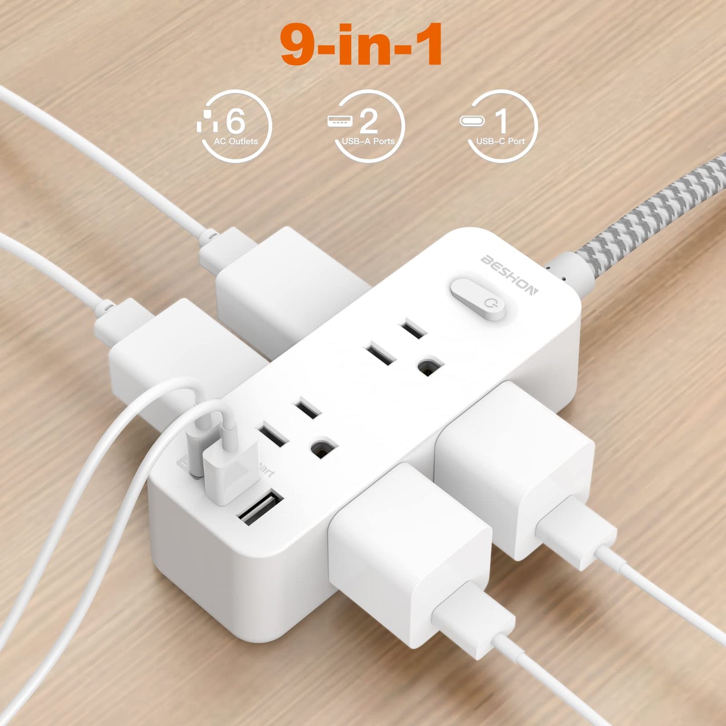 Power Strip, 5Ft Extension Cord, 6 Outlets with 3 USB Ports(1 USB C Outlet), 3-Side Outlet Extender, Surge Protector, Wall Mount, Compact for Travel, Home, School, College Dorm Room, and Office