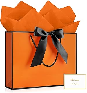 Orange and black gift bag with tissue paper and card