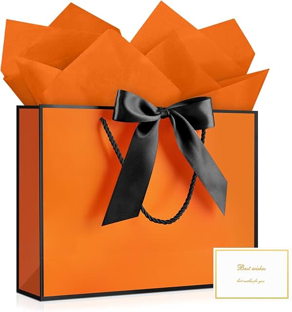 Orange and black gift bag with tissue paper and card