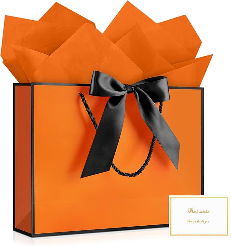 Orange and black gift bag with tissue paper and card