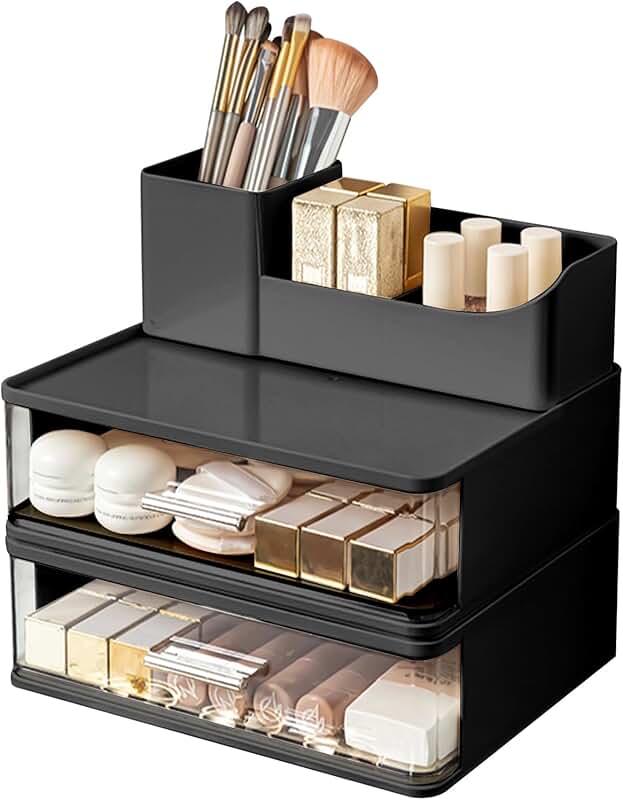 Stackable Makeup Organizer with Drawers and Brush Holder
