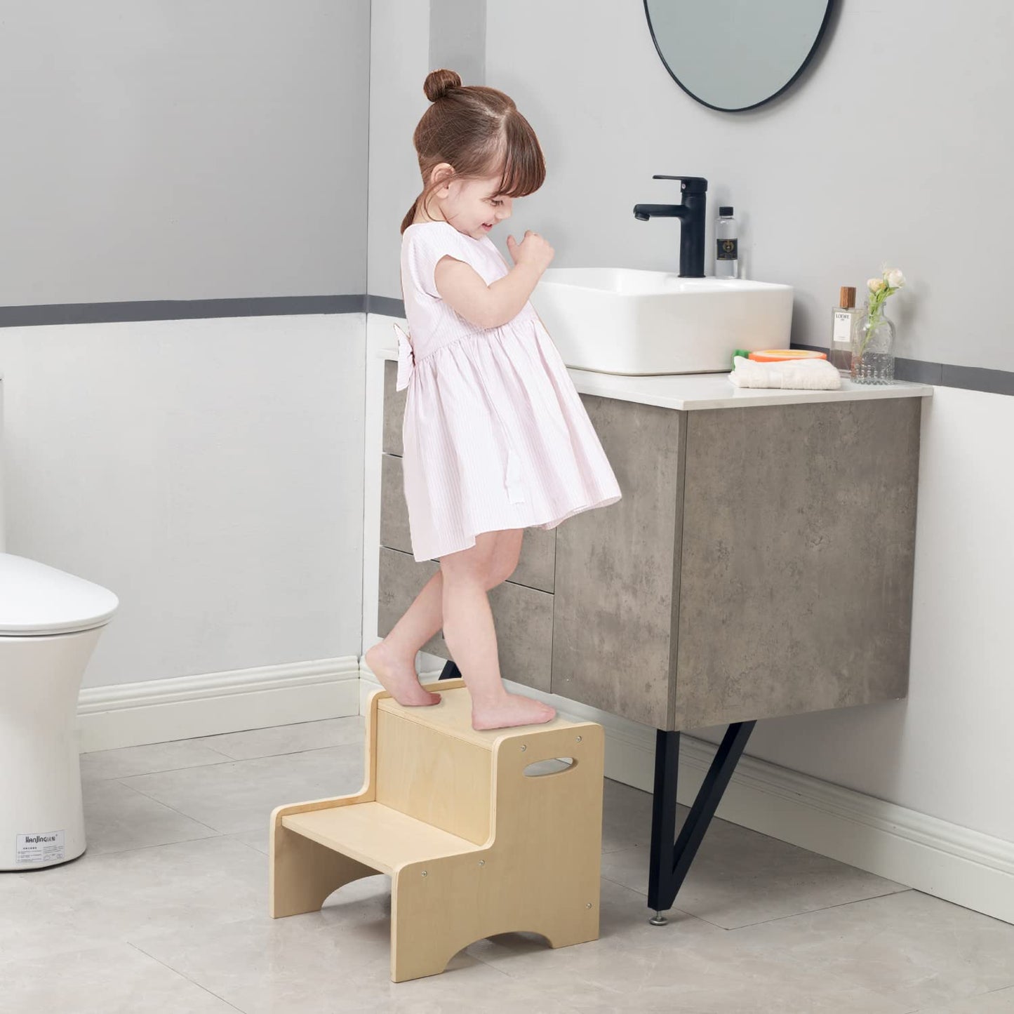 Wooden Toddler Step Stool for Kids, Bathroom Potty Stool  Kitchen Stool, Natural Two Step Stool for Bedroom, Children's Stool with Handles and Safety Non- Pads