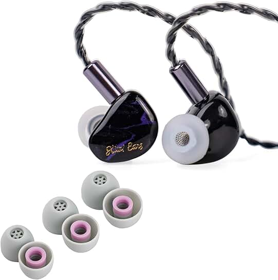 Purple in-ear monitor with flexible earbud tips
