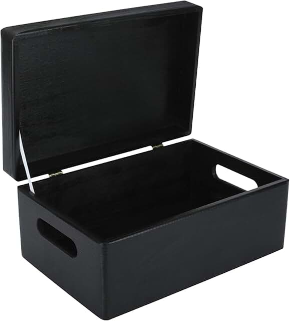 Large Black Wooden Storage Box with Handles