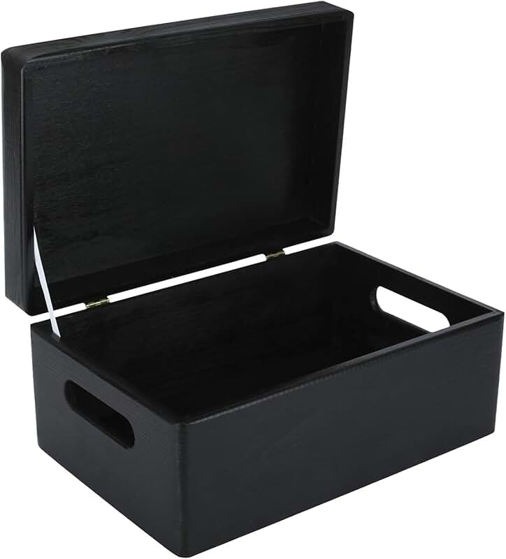 Large Black Wooden Storage Box with Handles