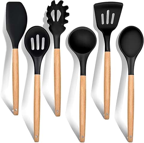6-Piece Silicone Kitchen Utensil Set with Wooden Handles