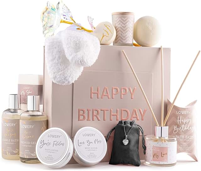 Luxury birthday spa gift basket with bath essentials, candle, necklace, and more
