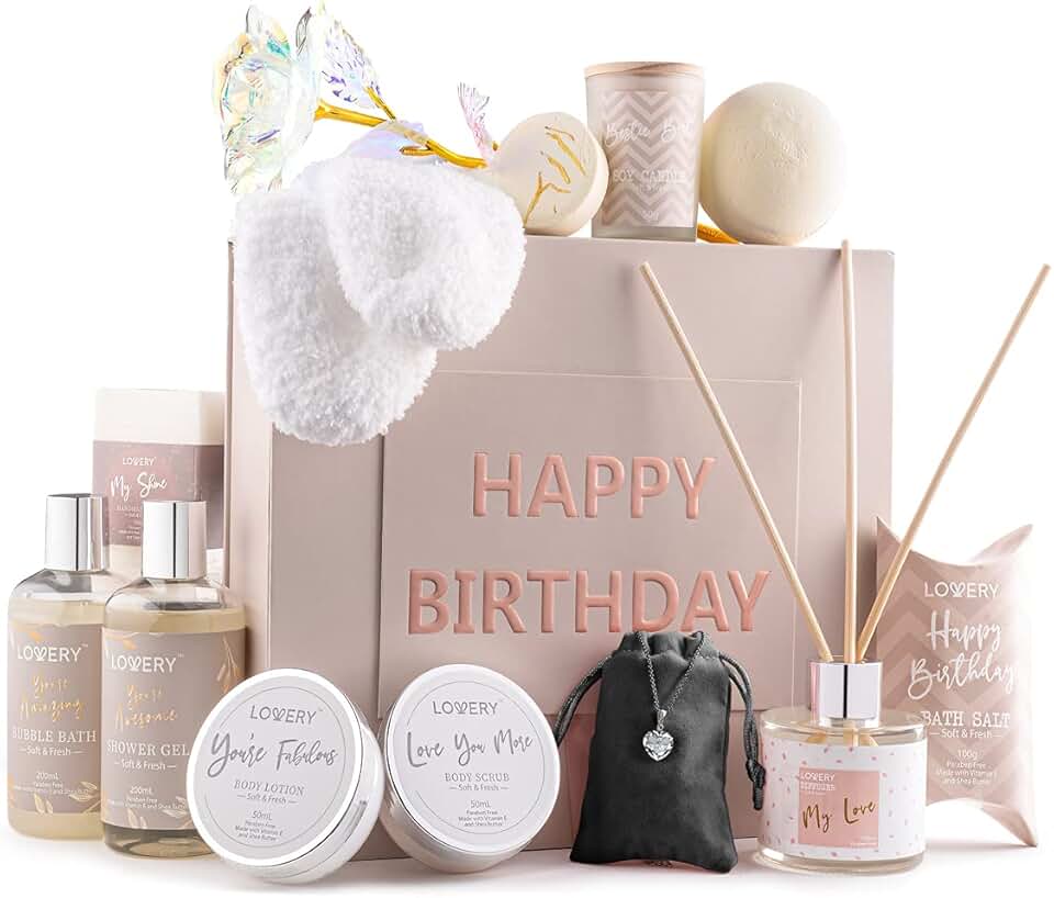 Luxury birthday spa gift basket with bath essentials, candle, necklace, and more