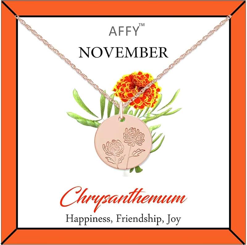 Personalized 18k Gold Birth Flower Necklace with Engraved Charm
