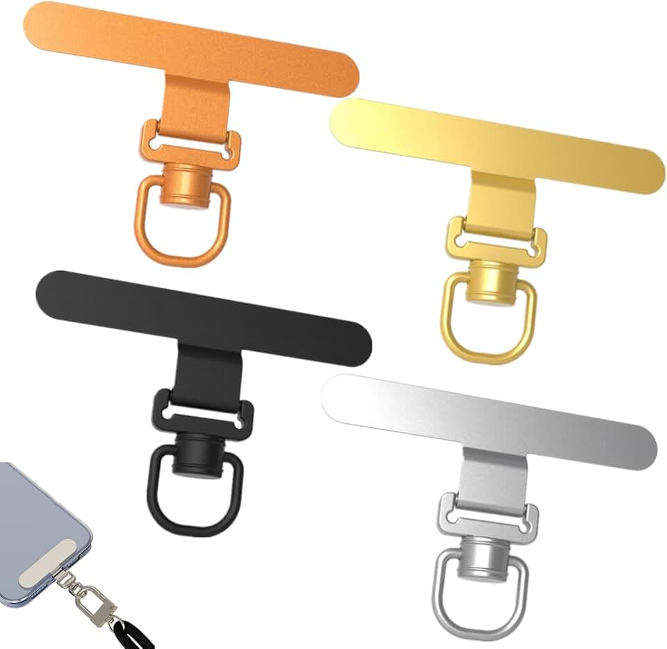 Set of four metal phone lanyard patches in black, silver, gold, and rose gold
