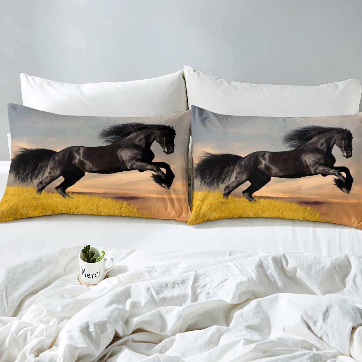 Black Horse Duvet Cover Set Queen for Kids Boys 3D Running Wild Horses Print Bedding Set Adult Animals Horse Decorative 3 Piece Modern Comforter Cover Brown Black with 2 Pillow Shams Zipper&Ties
