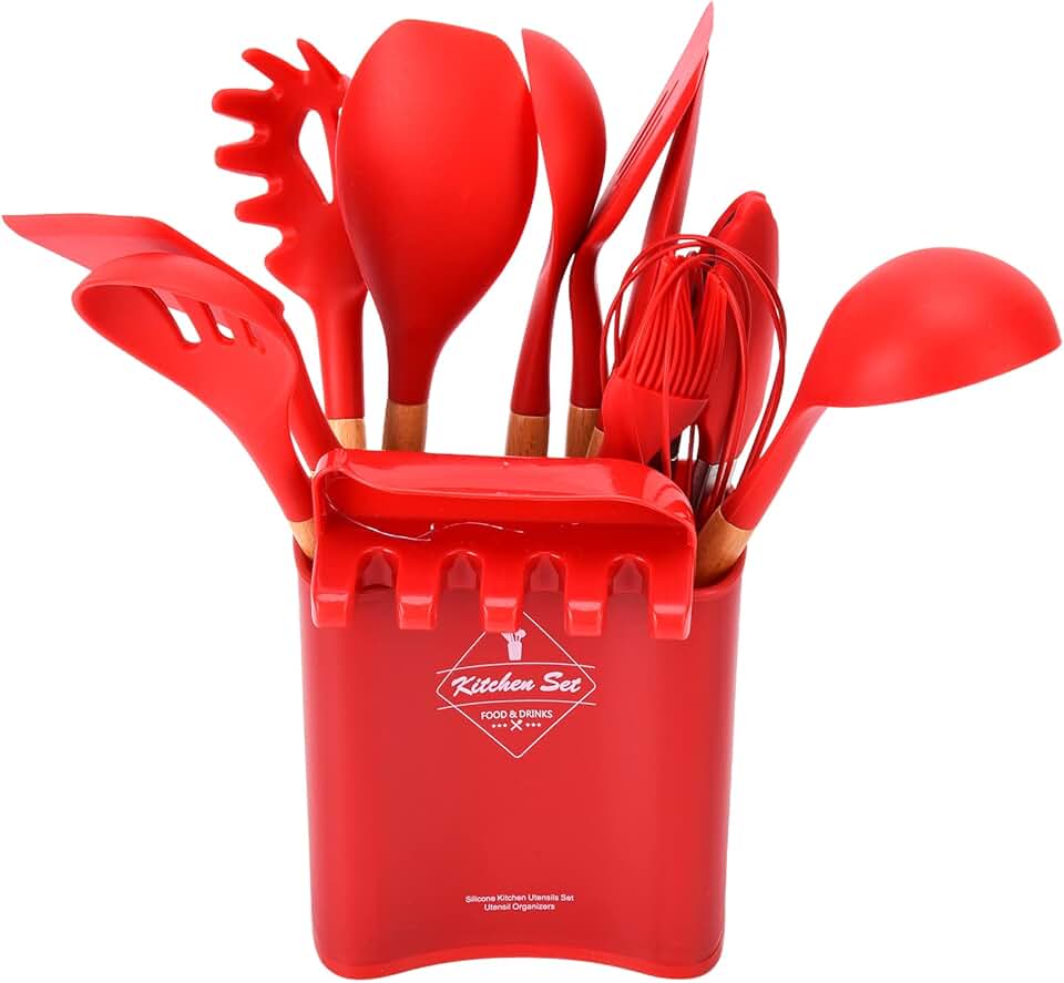 Set of 13 silicone cooking utensils with wooden handles