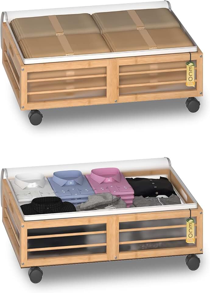 Large Bamboo Under Bed Storage with Wheels and Dust Bags