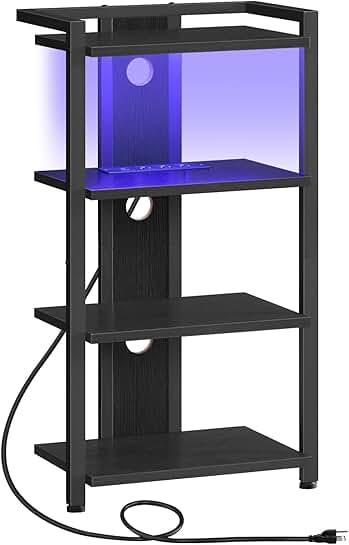 4-Tier Wooden Media Stand with Charging and LED Light
