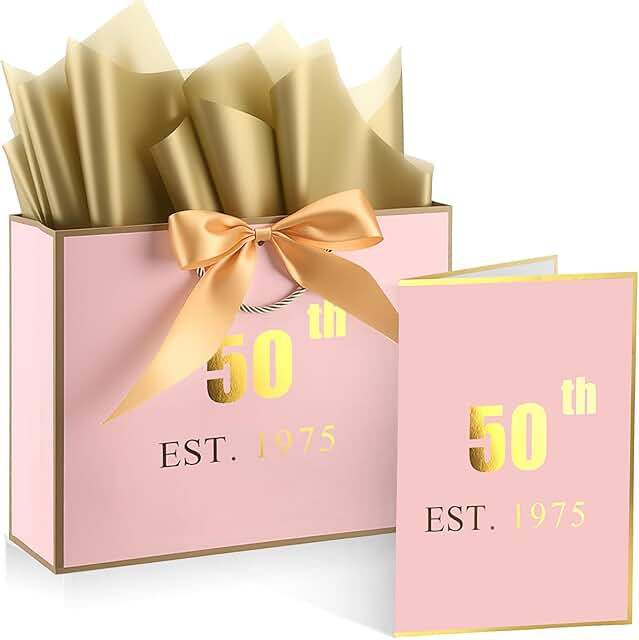 Large pink gold 50th birthday gift bag with card and tissue