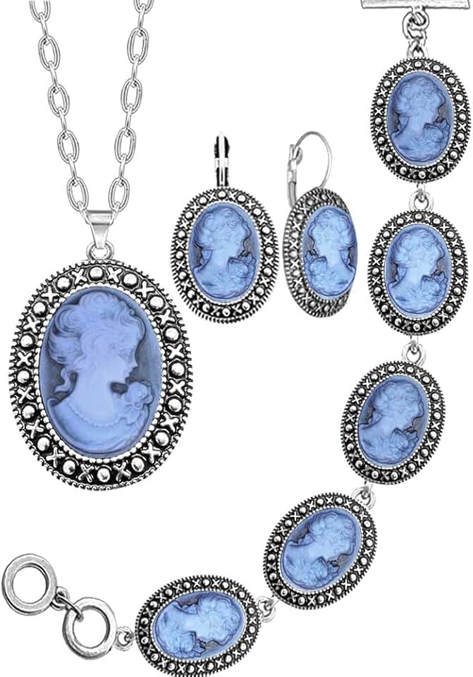 Vintage Silver Lady Queen Cameo Jewelry Set