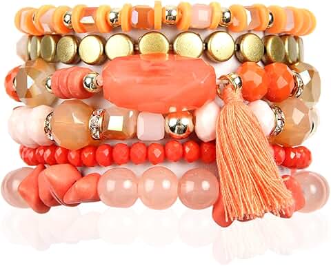 Multi-layer coin bead bracelet with tassel charm