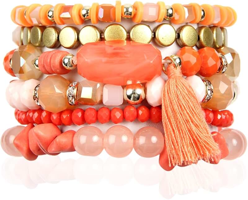 Multi-layer coin bead bracelet with tassel charm