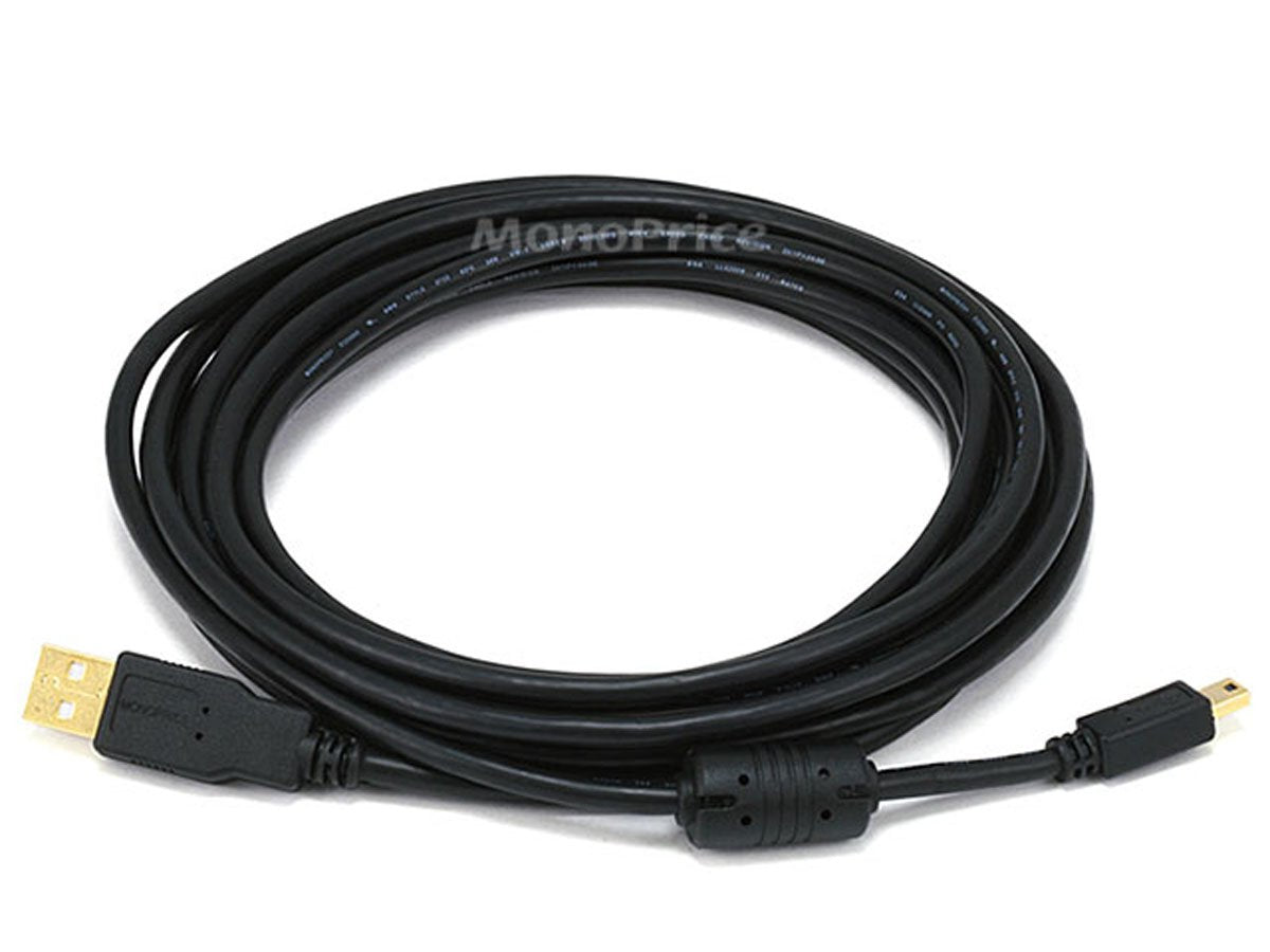 15-Feet USB 2.0 A Male to Mini-B 5pin Male 28/24AWG Cable with Ferrite Core (Gold Plated) (105450),Black