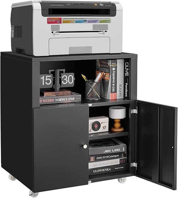 Heavy Duty Metal Printer Stand with Storage and Wheels