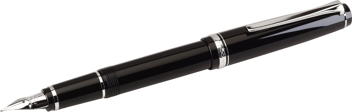 Black Fountain Pen with Rhodium Accents and Medium Nib