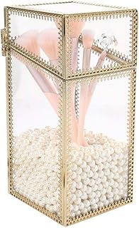 Clear glass makeup brush holder with lid and white pearls
