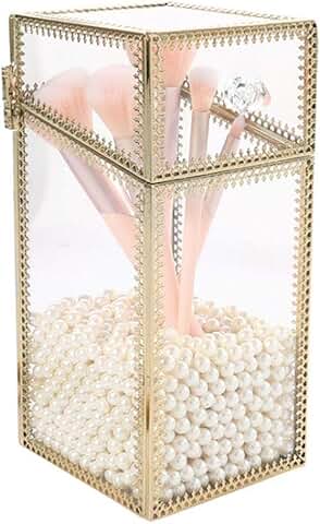 Clear glass makeup brush holder with lid and white pearls