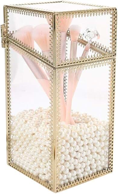 Clear glass makeup brush holder with lid and white pearls