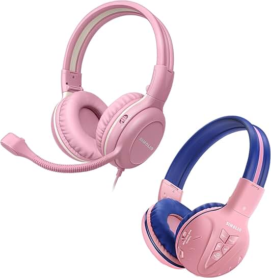 Kids Wired and Wireless Headphones with Mic, Pink, Foldable