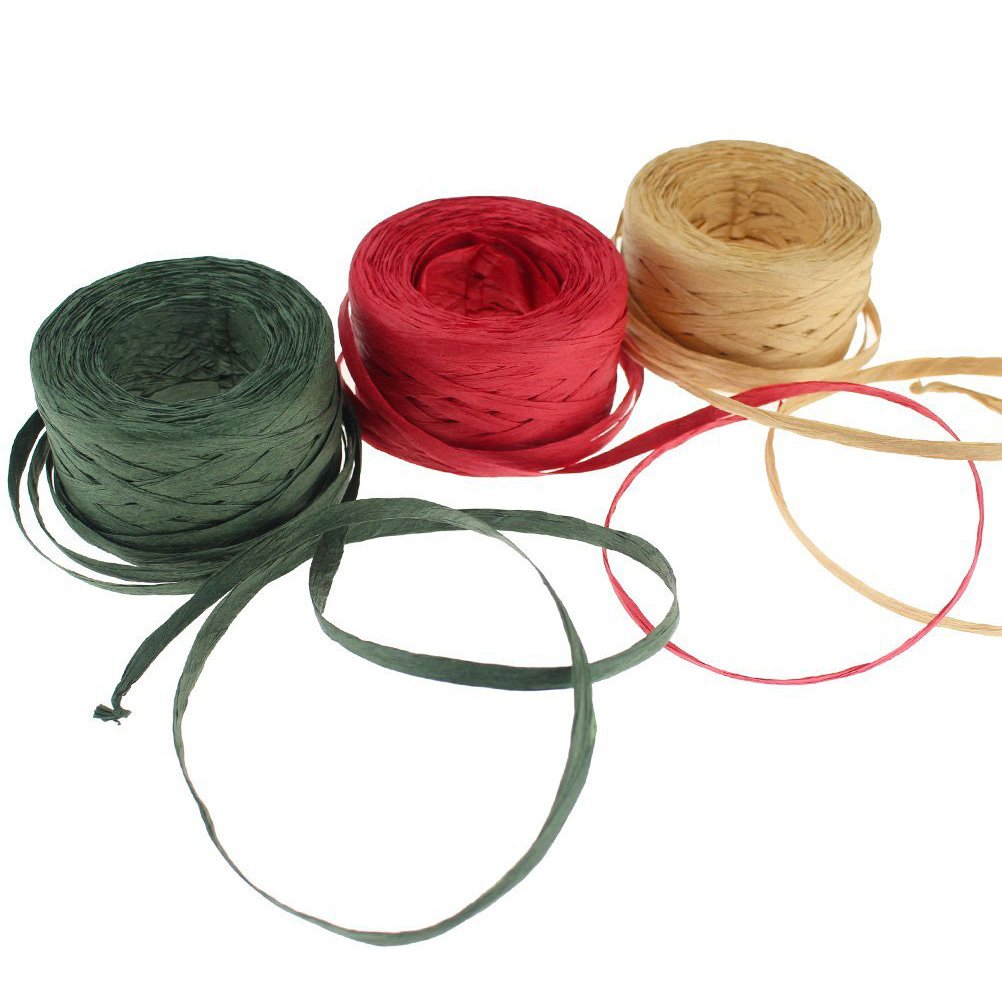 Eco-Friendly Raffia Ribbon Set 3 Rolls Red Green 1/4" x 492ft