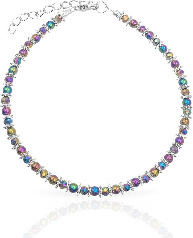 Rainbow beaded anklet with twisted hematite and extension
