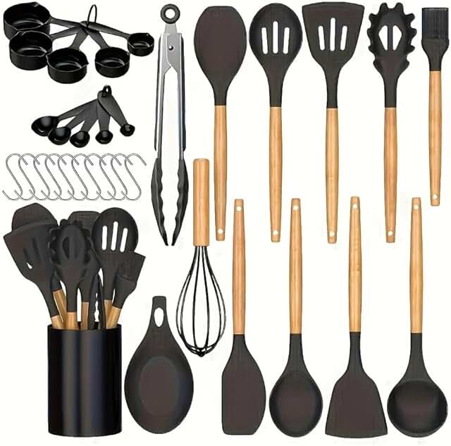 33-Piece Kitchenware Set with Wooden Handle and Non-Stick Silicone Spade