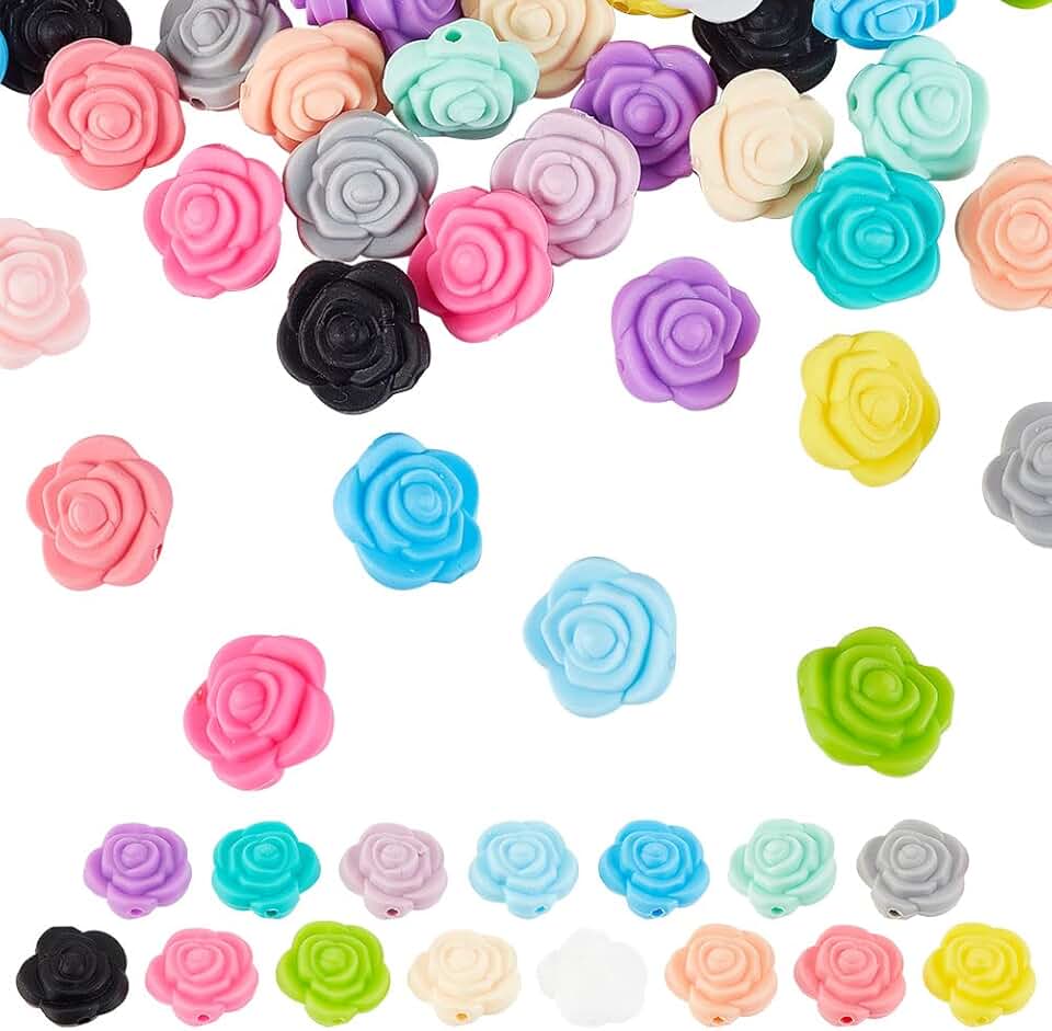60pcs 15-Color Rose Flower Silicone Beads for Jewelry Making