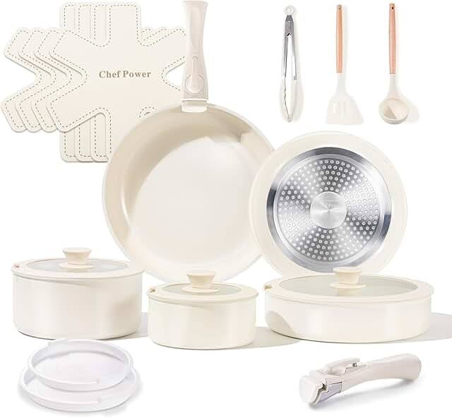 19-Piece Non-Toxic Ceramic Cookware Set with Detachable Handles