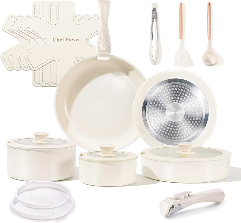 19-Piece Non-Toxic Ceramic Cookware Set with Detachable Handles