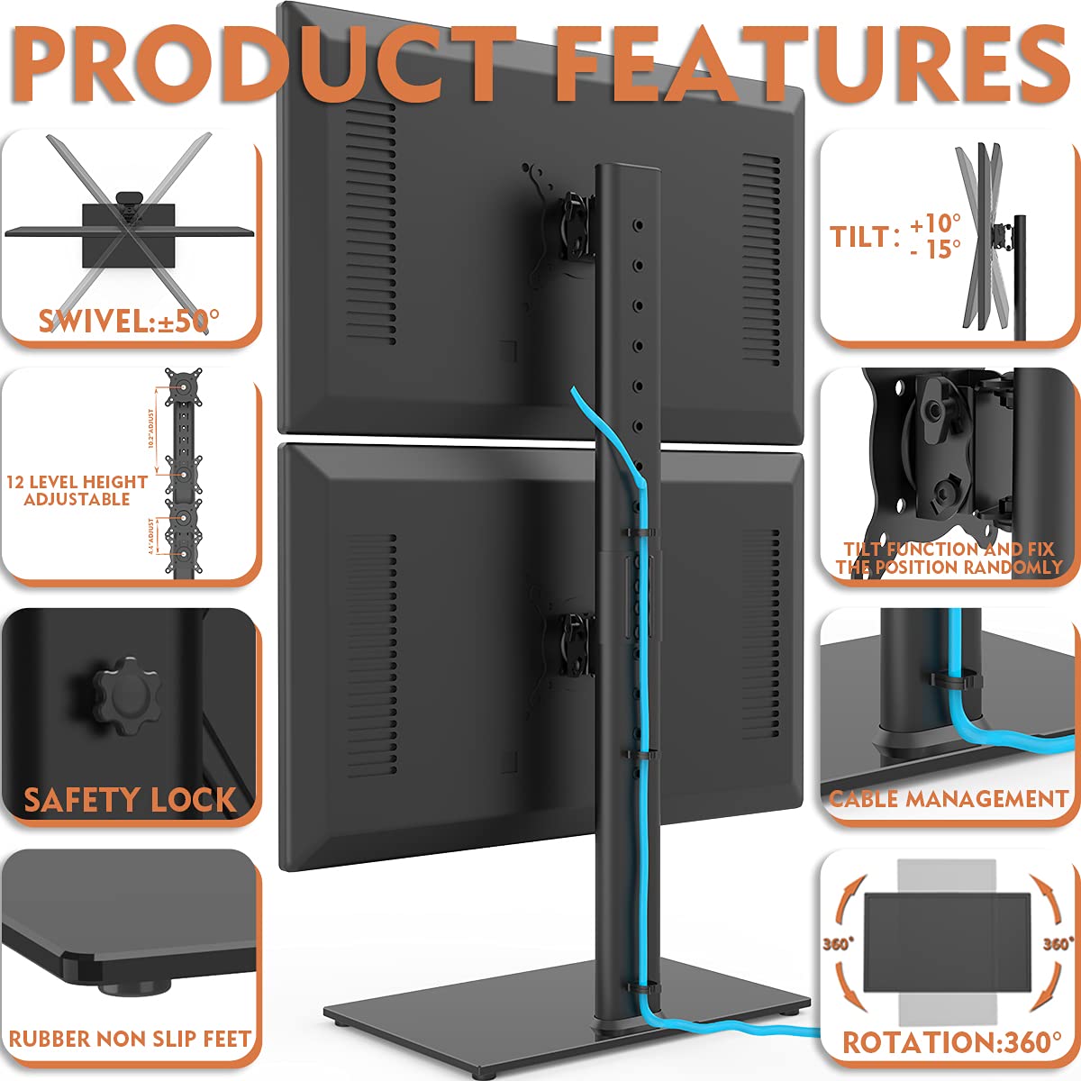 Dual Monitor Stand - Vertical Stack Screen Free-Standing Monitor Riser Fits Two 13 to 34 Inch Screen with Swivel, Tilt, Height Adjustable, Holds One (1) Screen up to 44Lbs HT05B-002